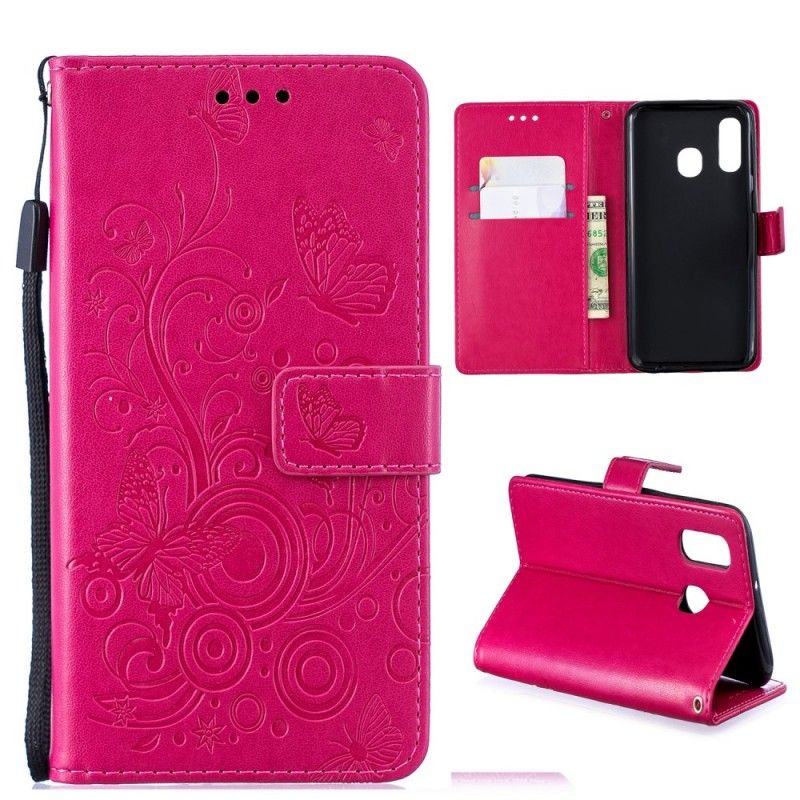 Flip Cover Læder Samsung Galaxy A40 Magenta Hvirvlende Sommerfugle Original