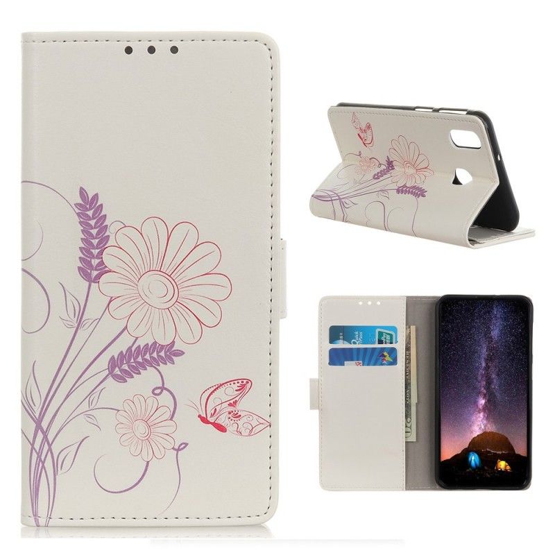 Flip Cover Læder Samsung Galaxy A40 Tegning Af Sommerfugle Og Blomster