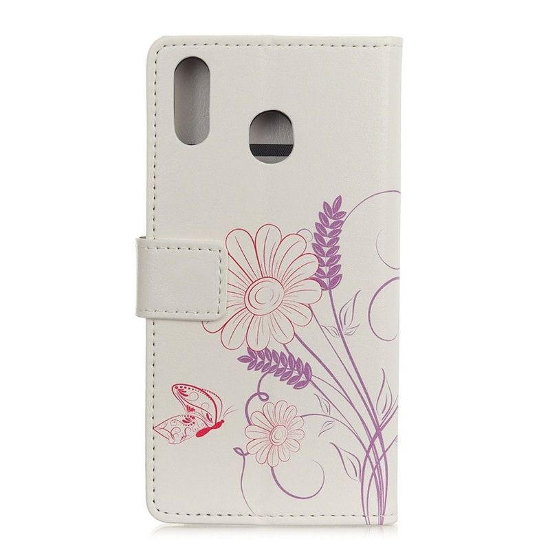 Flip Cover Læder Samsung Galaxy A40 Tegning Af Sommerfugle Og Blomster