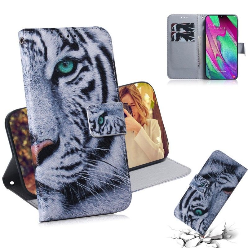 Flip Cover Læder Samsung Galaxy A40 Tiger Ansigt Original