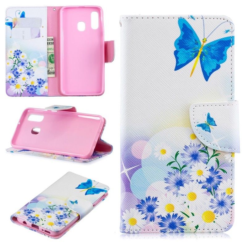 Flip Cover Samsung Galaxy A40 Magenta Mobilcover Sommerfugle Og Blomster Malet