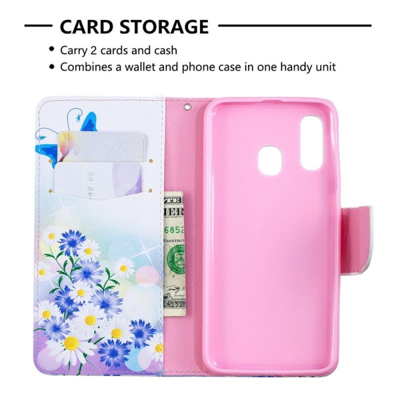 Flip Cover Samsung Galaxy A40 Magenta Mobilcover Sommerfugle Og Blomster Malet