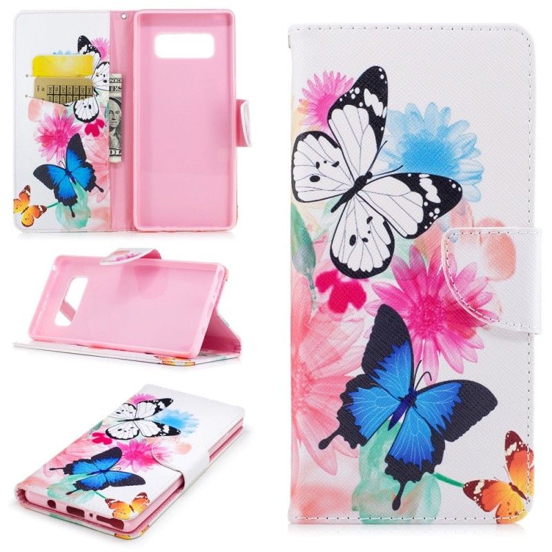 Flip Cover Samsung Galaxy Note 8 Lyserød Mobilcover Malede Sommerfugle Og Blomster