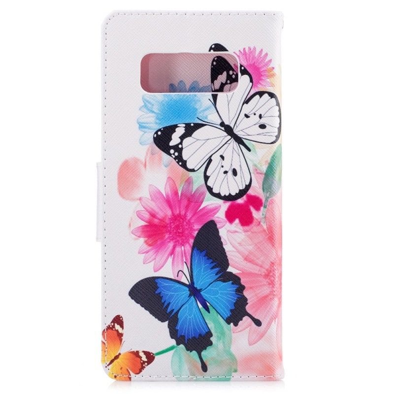 Flip Cover Samsung Galaxy Note 8 Lyserød Mobilcover Malede Sommerfugle Og Blomster