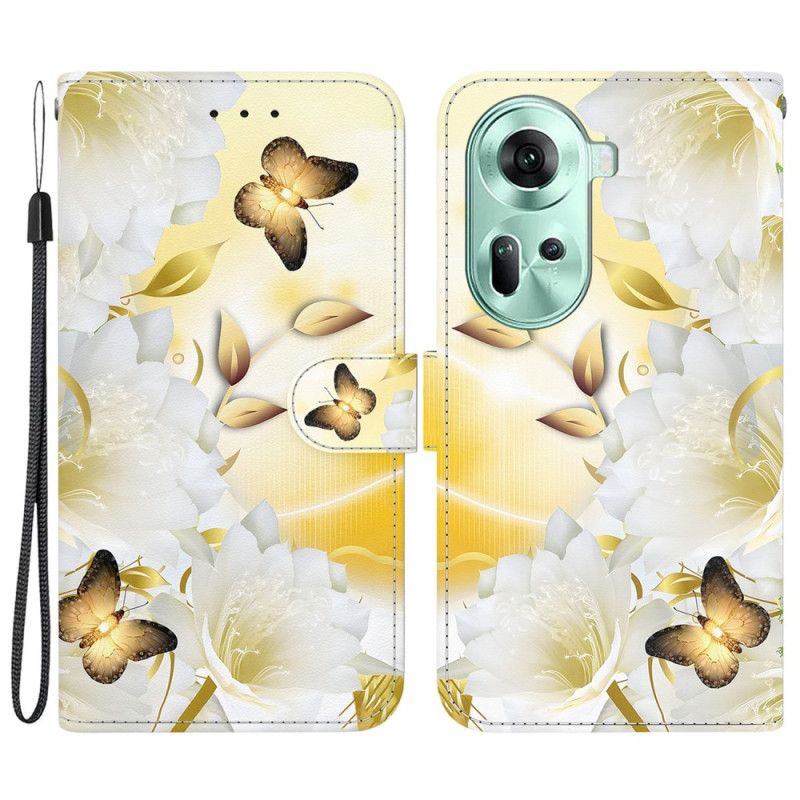 Flip Cover Til Oppo Reno 11 5g Gyldne Sommerfugle Og Blomster Med Rem