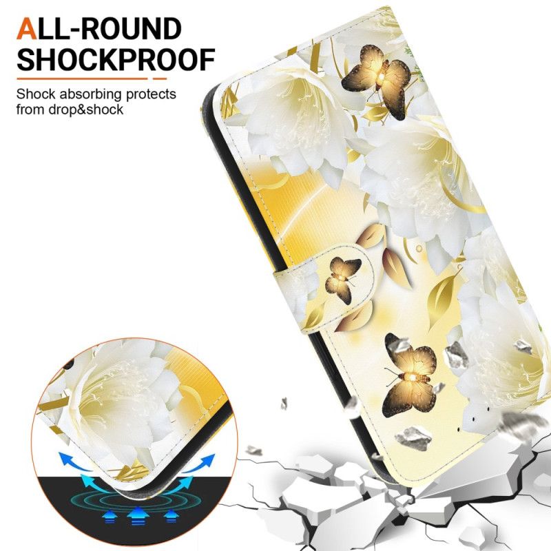 Flip Cover Til Oppo Reno 11 5g Gyldne Sommerfugle Og Blomster Med Rem