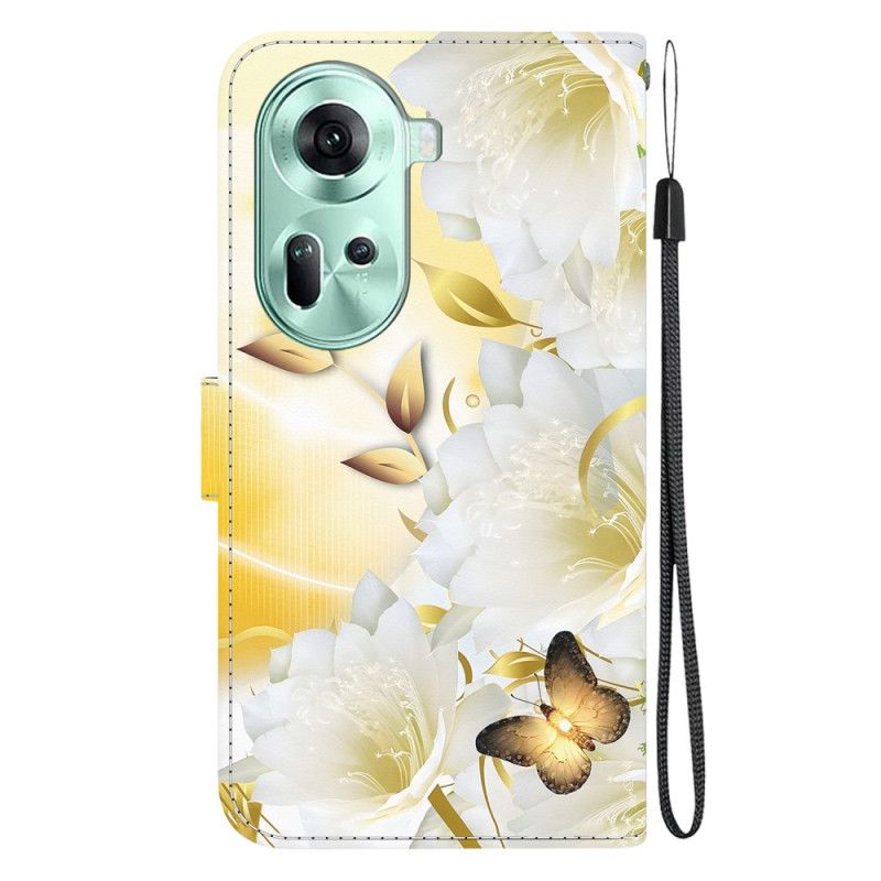 Flip Cover Til Oppo Reno 11 5g Gyldne Sommerfugle Og Blomster Med Rem