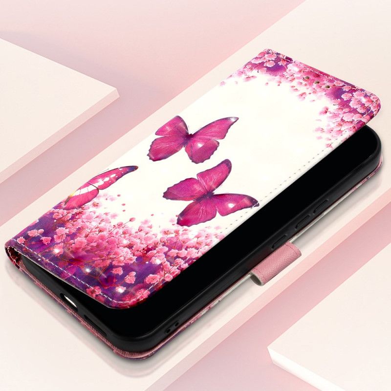 Læder Cover Oppo Reno 11 5g Telefon Etui Pink Sommerfugle