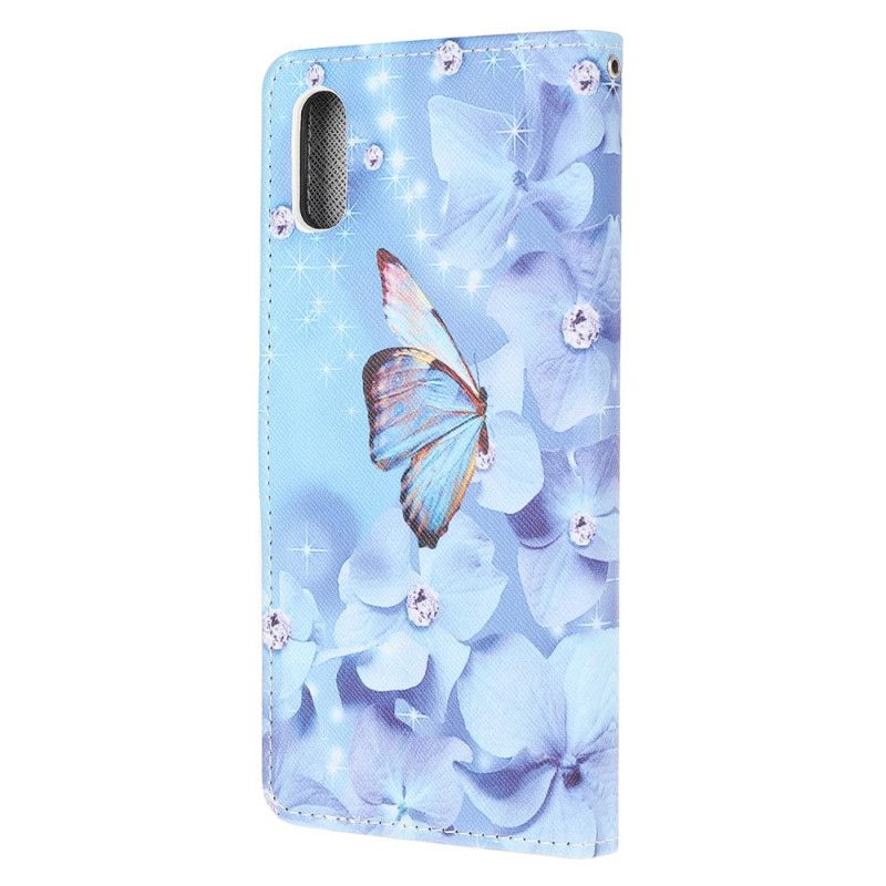 Flip Cover Læder for Xiaomi Redmi 9A Diamant Sommerfugle Med Rem