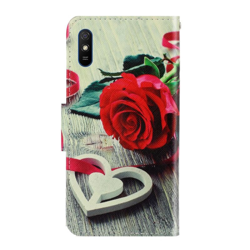 Flip Cover Læder for Xiaomi Redmi 9A Romantisk Rose Med Rem