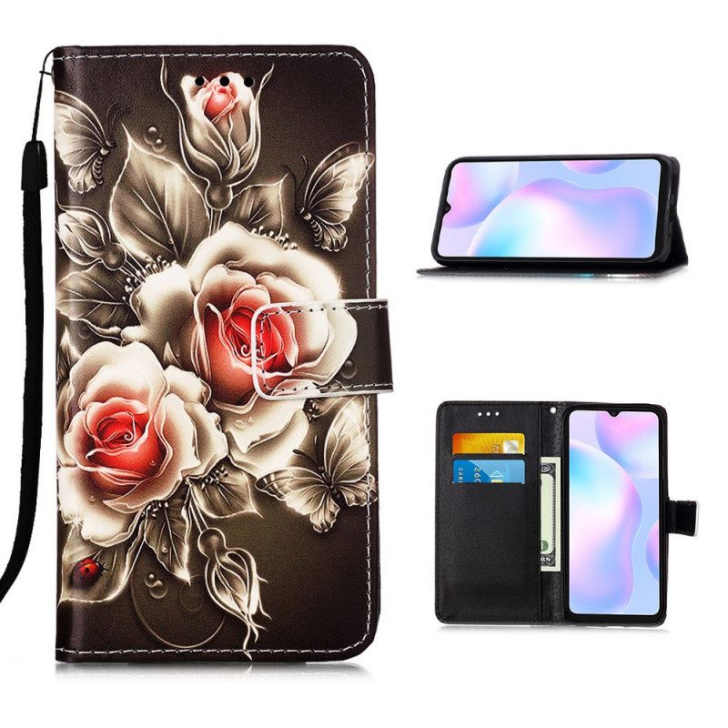 Flip Cover Læder for Xiaomi Redmi 9A Sort Rose Med Rem