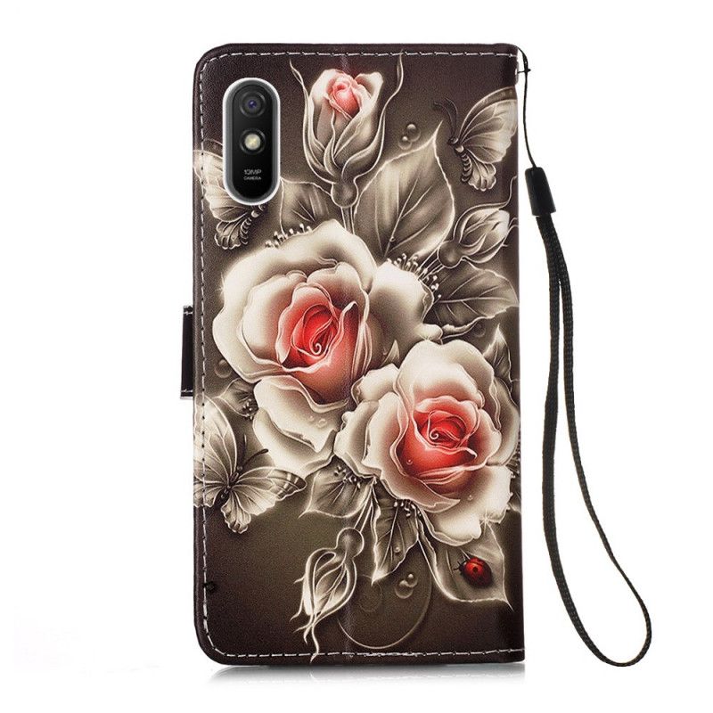 Flip Cover Læder for Xiaomi Redmi 9A Sort Rose Med Rem