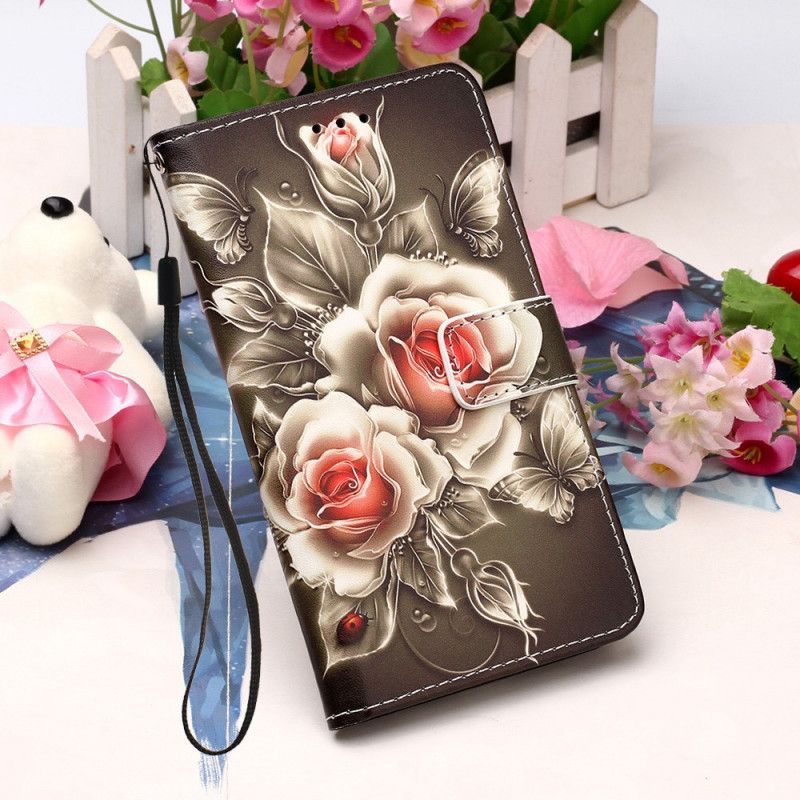 Flip Cover Læder for Xiaomi Redmi 9A Sort Rose Med Rem