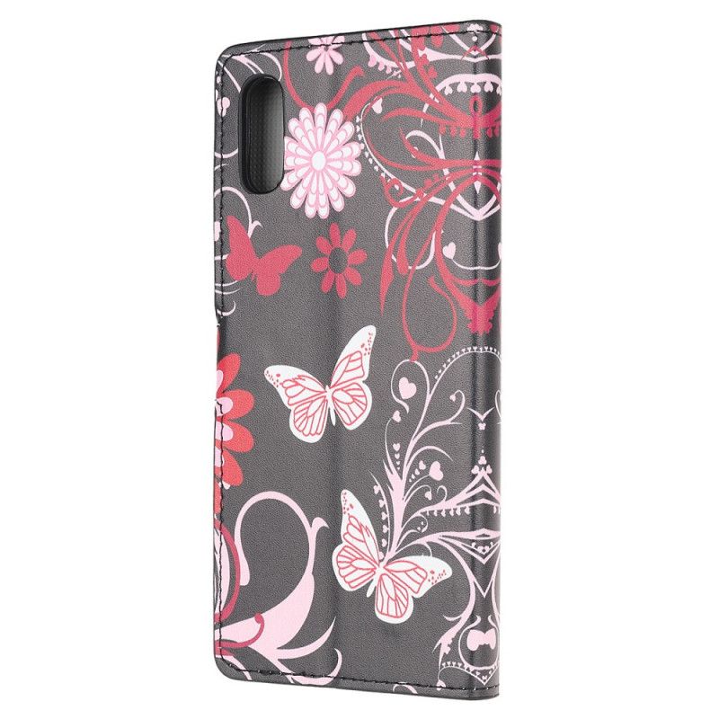 Flip Cover Læder Xiaomi Redmi 9A Sort Sommerfugle Og Blomster