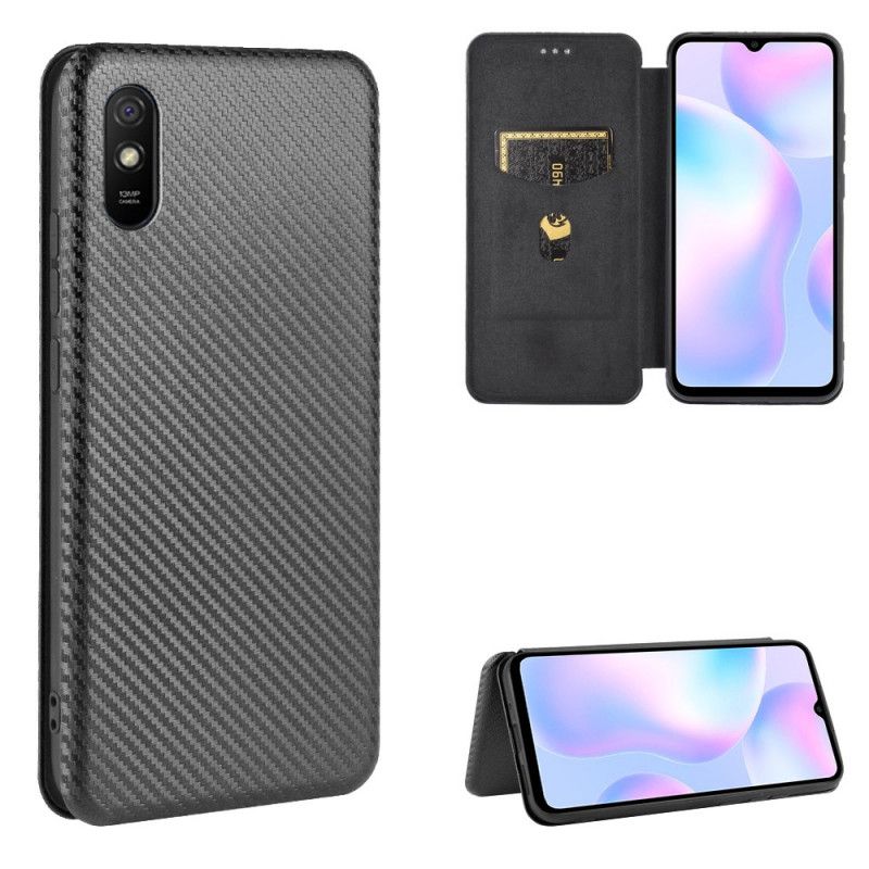 Læder Cover Xiaomi Redmi 9A Sort Farvet Kulstofsilikon