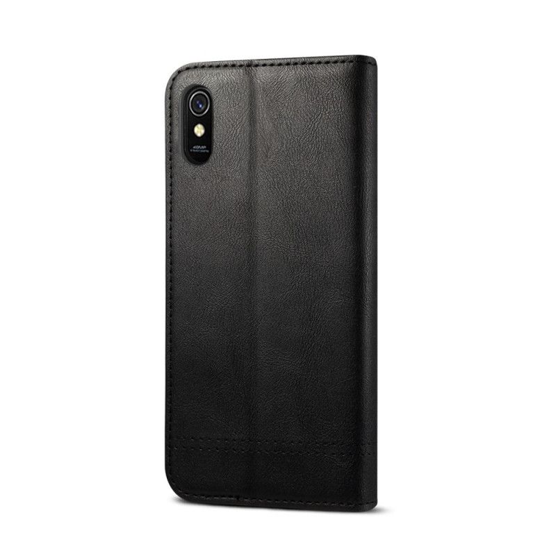 Læder Cover Xiaomi Redmi 9A Sort Mobilcover Syet Lædereffekt