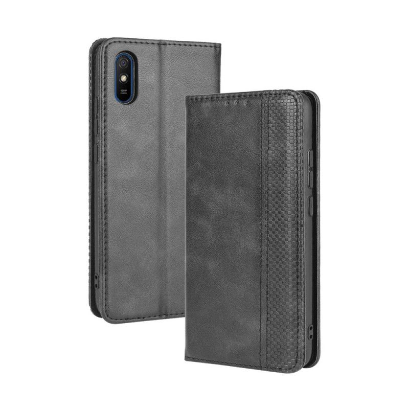 Læder Cover Xiaomi Redmi 9A Sort Stiliseret Vintage Lædereffekt