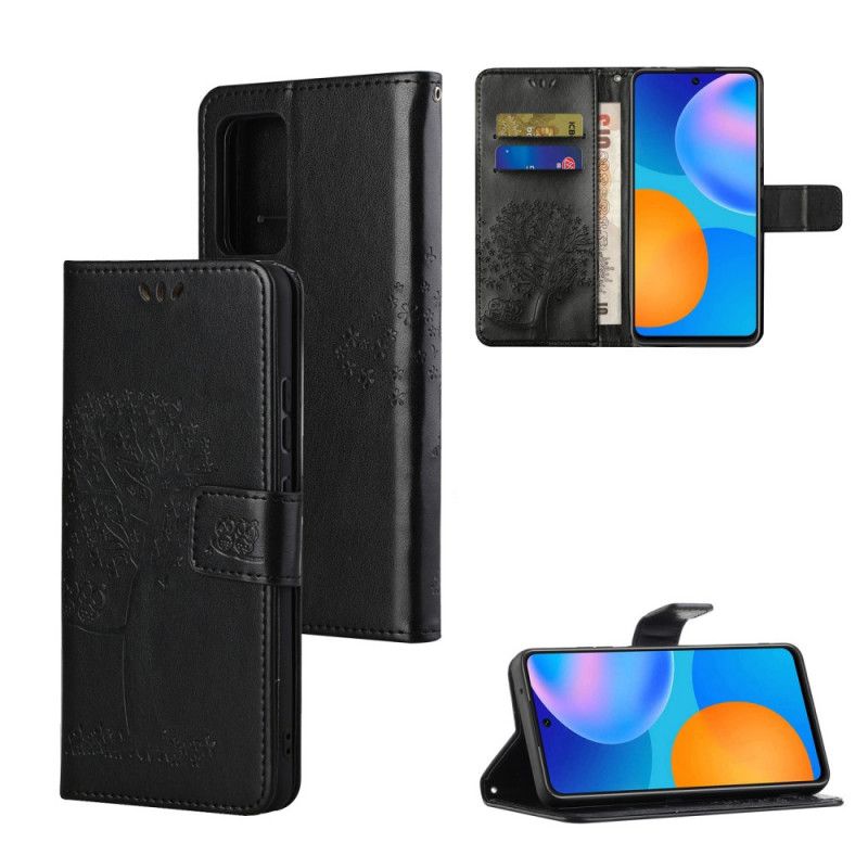 Flip Cover Læder for Xiaomi Redmi Note 10 Pro Sort Ugler Med Træ Og G-Streng