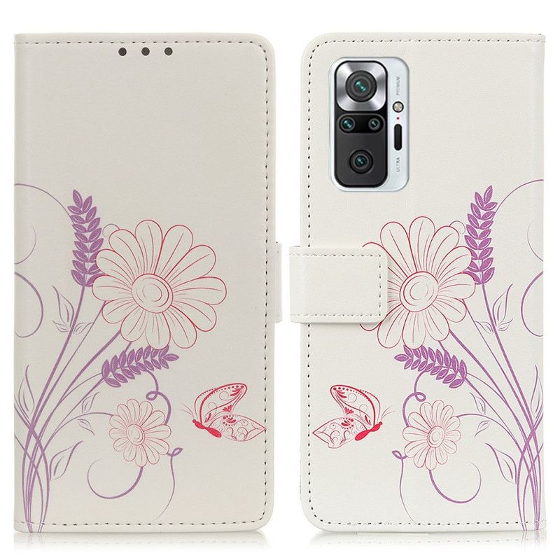 Flip Cover Læder Xiaomi Redmi Note 10 Pro Tegning Af Sommerfugle Og Blomster