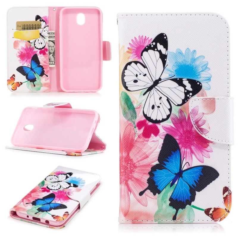 Flip Cover Læder Samsung Galaxy J5 2017 Pink Malede Sommerfugle Og Blomster