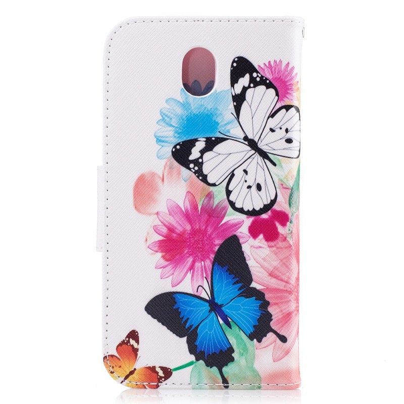 Flip Cover Læder Samsung Galaxy J5 2017 Pink Malede Sommerfugle Og Blomster