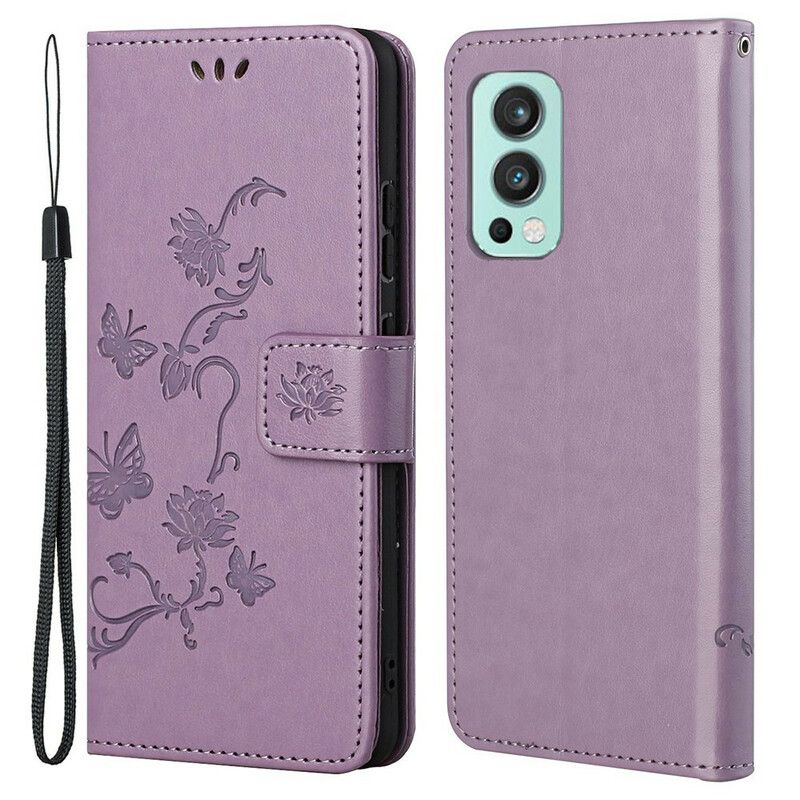 Flip Cover Oneplus Nord 2 5g Sommerfugle Og Blomster Strappy