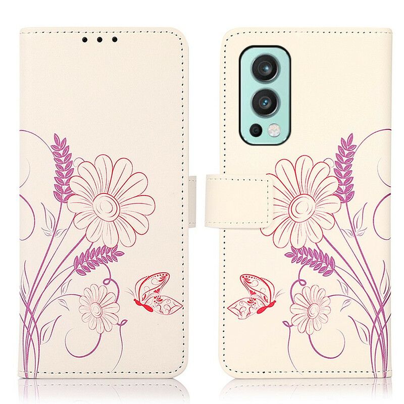 Flip Cover Oneplus Nord 2 5g Tegning Sommerfugle Og Blomster