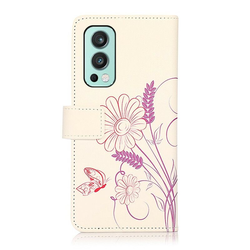 Flip Cover Oneplus Nord 2 5g Tegning Sommerfugle Og Blomster