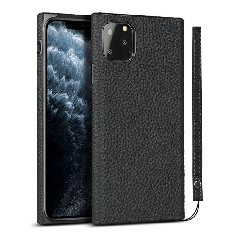 Cover iPhone 11 Pro Sort Ægte Lychee Læder Med Rem