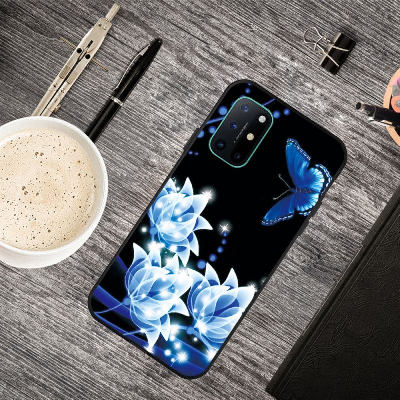 Cover for OnePlus 8T Sommerfugl Og Blå Blomster