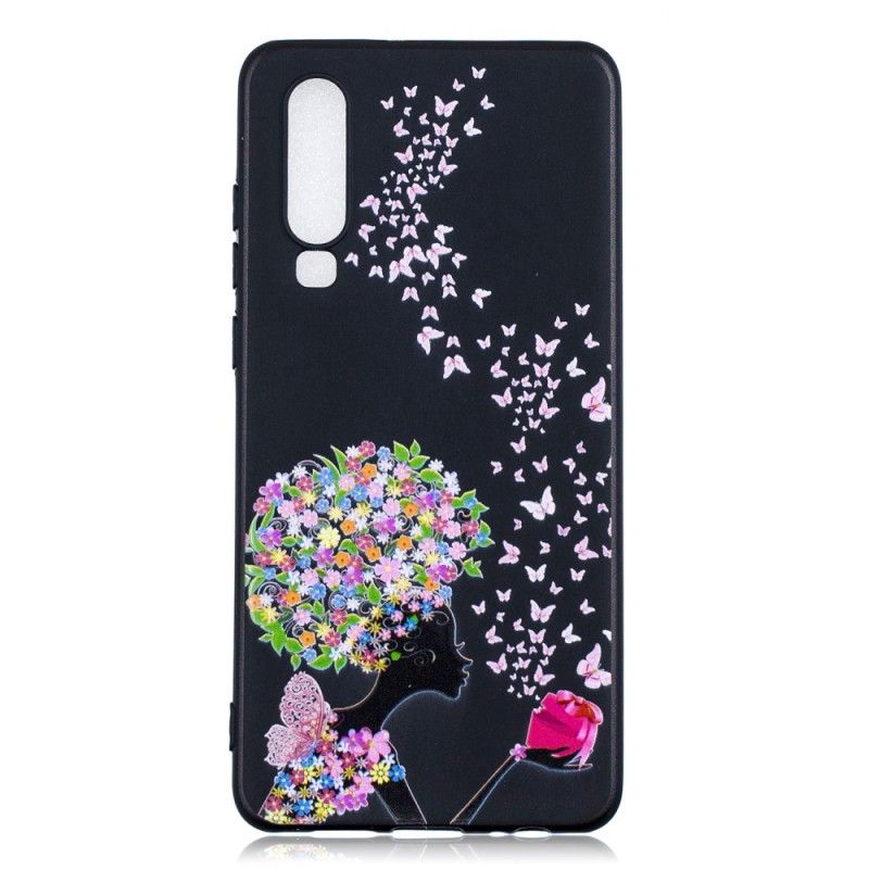 Cover Huawei P30 Mobilcover Kvinde Med Et Blomstret Hoved