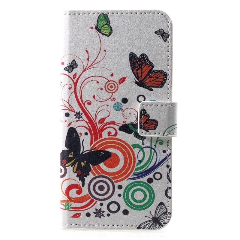 Flip Cover Læder for Huawei P30 Sort Sommerfugle Og Blomster