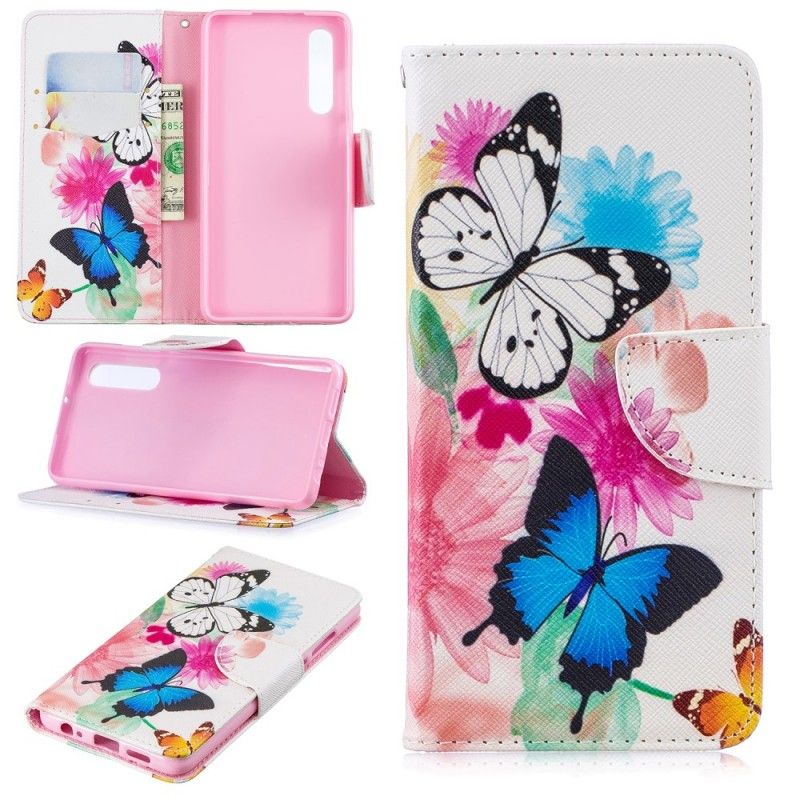 Flip Cover Læder Huawei P30 Magenta Malede Sommerfugle Og Blomster Beskyttelse