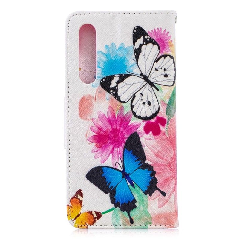 Flip Cover Læder Huawei P30 Magenta Malede Sommerfugle Og Blomster Beskyttelse