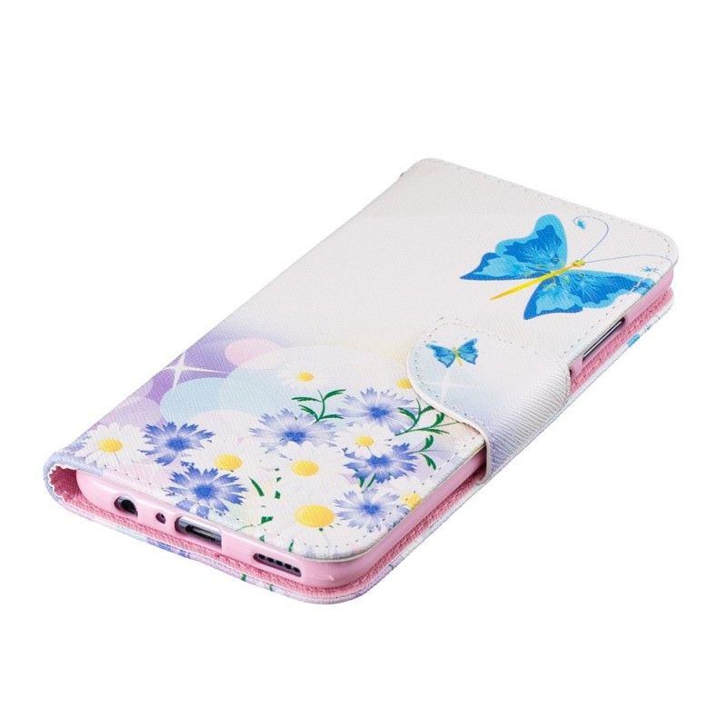 Flip Cover Læder Huawei P Smart 2019 Lyseblå Malede Sommerfugle Og Blomster Beskyttelse