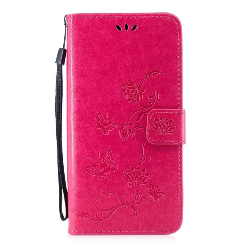 Flip Cover Læder Huawei P Smart 2019 Sort Sommerfugle Og Tanga Blomster