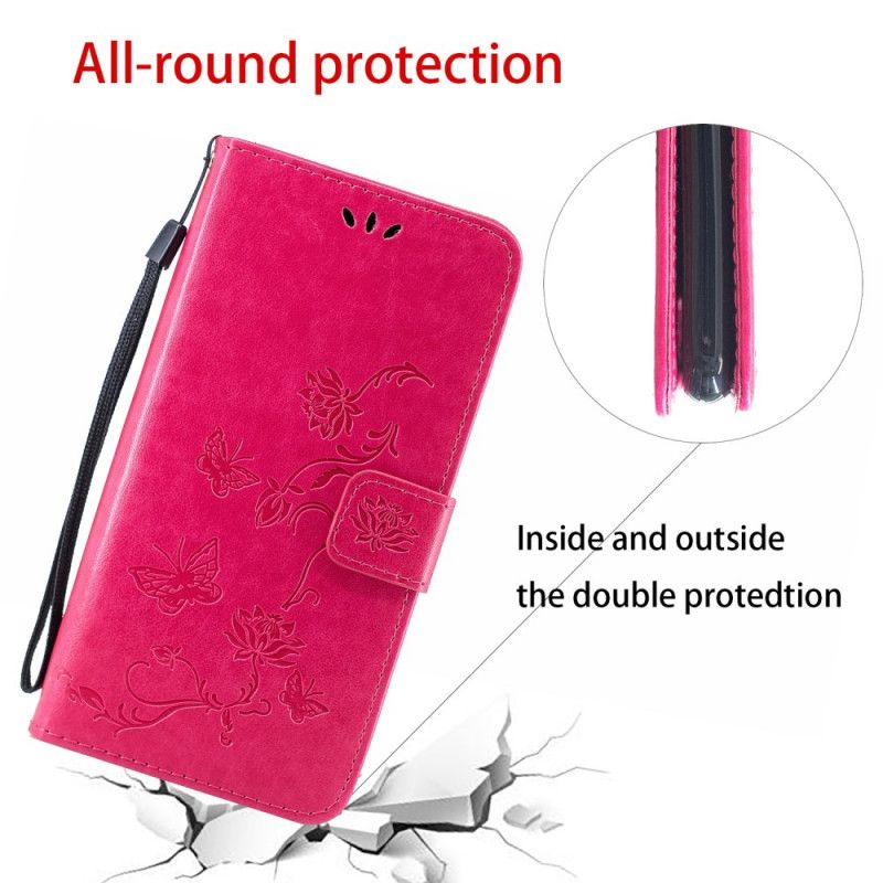 Flip Cover Læder Huawei P Smart 2019 Sort Sommerfugle Og Tanga Blomster