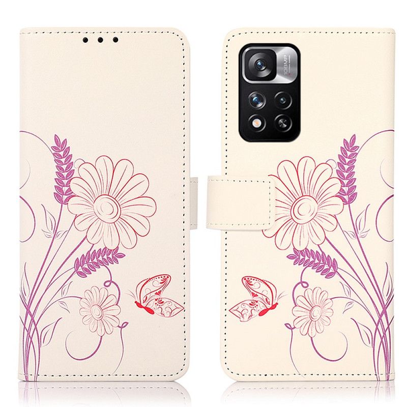 Flip Cover Xiaomi Redmi Note 11 Pro / Note 11 Pro Plus Tegning Sommerfugle Og Blomster