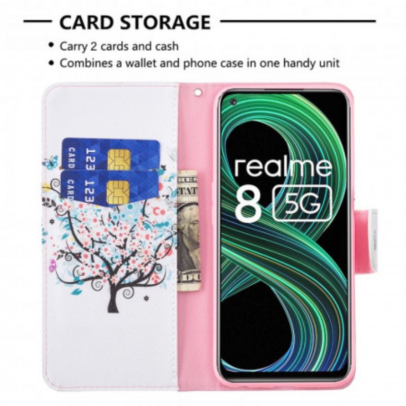 Læder Cover Realme 8 5g Telefon Etui Blomstret Træ