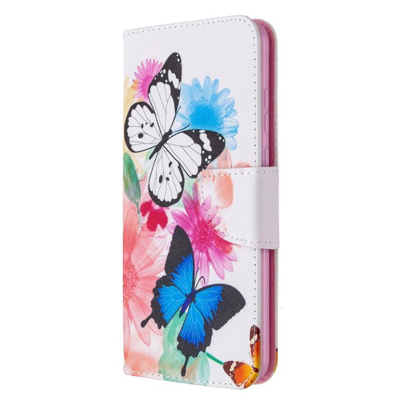 Flip Cover Honor 9A Magenta Mobilcover Malede Sommerfugle Og Blomster