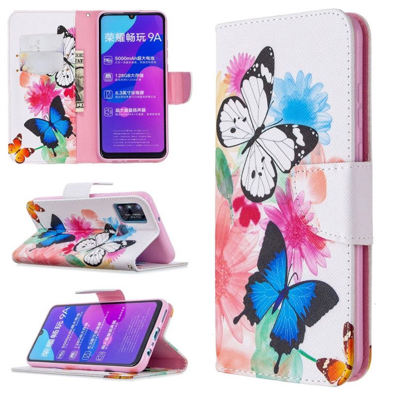 Flip Cover Honor 9A Magenta Mobilcover Malede Sommerfugle Og Blomster