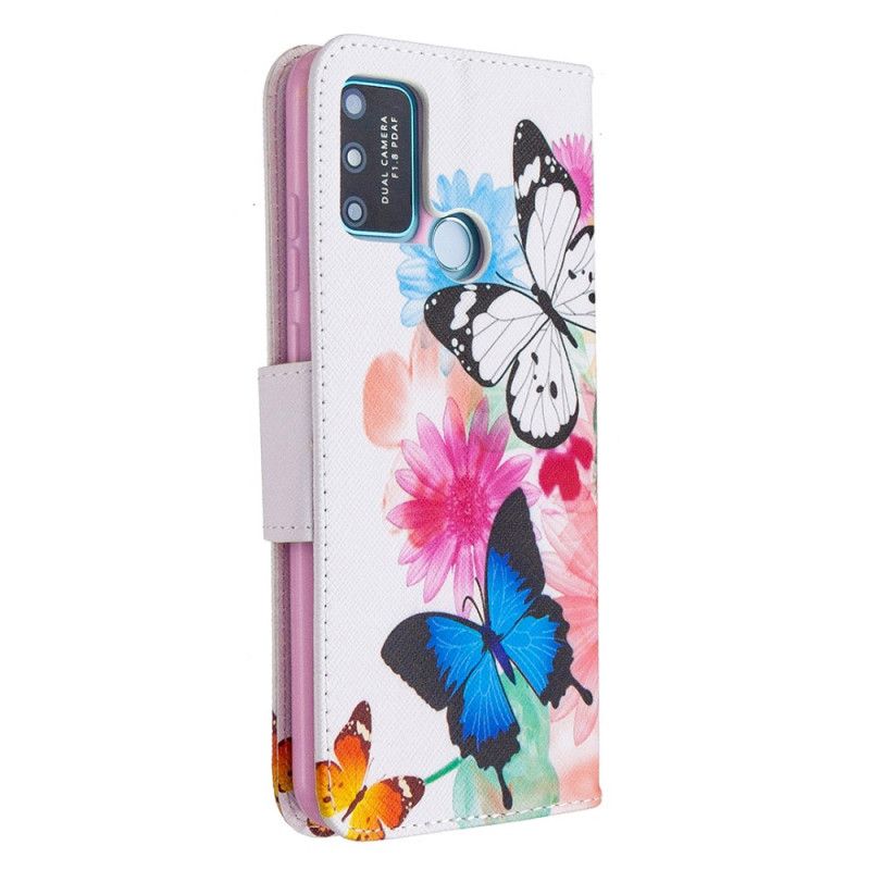 Flip Cover Honor 9A Magenta Mobilcover Malede Sommerfugle Og Blomster