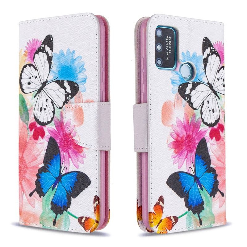 Flip Cover Honor 9A Magenta Mobilcover Malede Sommerfugle Og Blomster