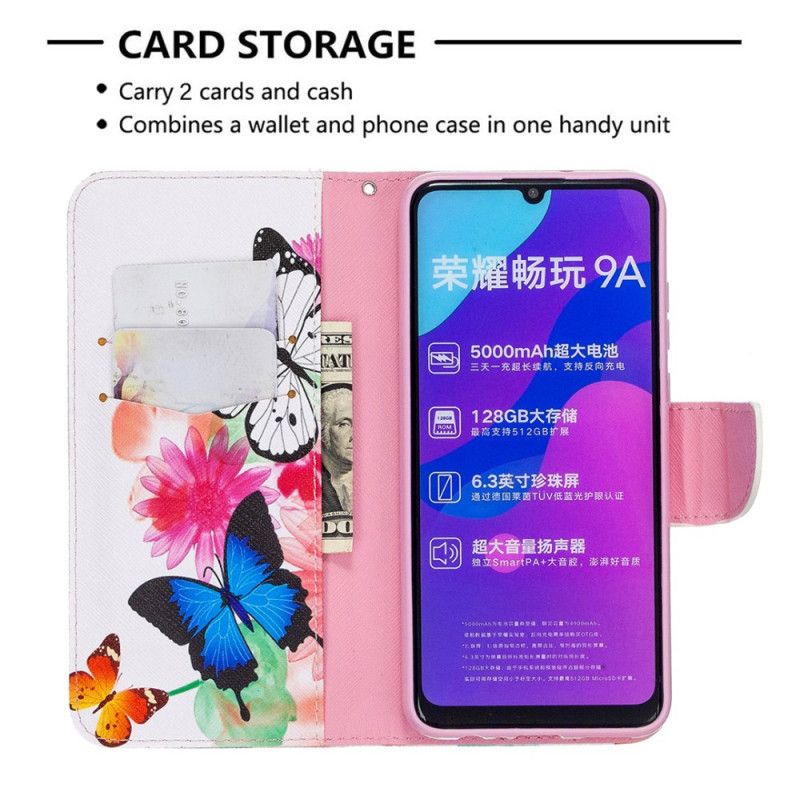 Flip Cover Honor 9A Magenta Mobilcover Malede Sommerfugle Og Blomster