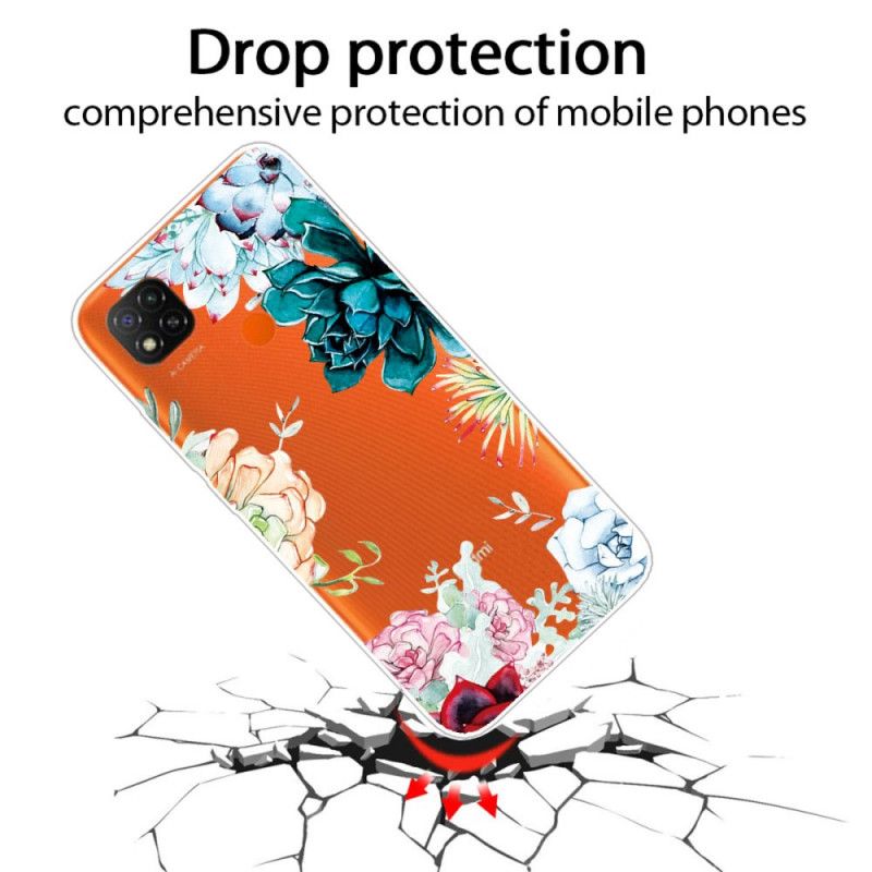 Cover for Xiaomi Redmi 9C Gennemsigtige Akvarelblomster