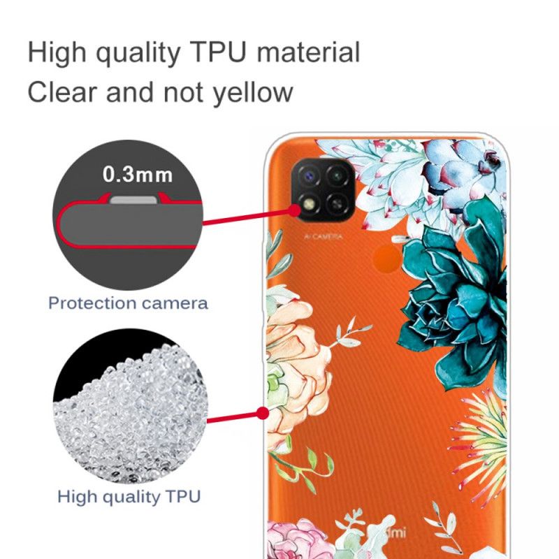 Cover for Xiaomi Redmi 9C Gennemsigtige Akvarelblomster