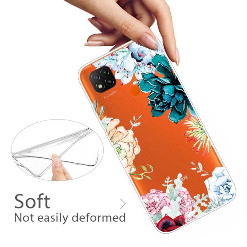 Cover for Xiaomi Redmi 9C Gennemsigtige Akvarelblomster