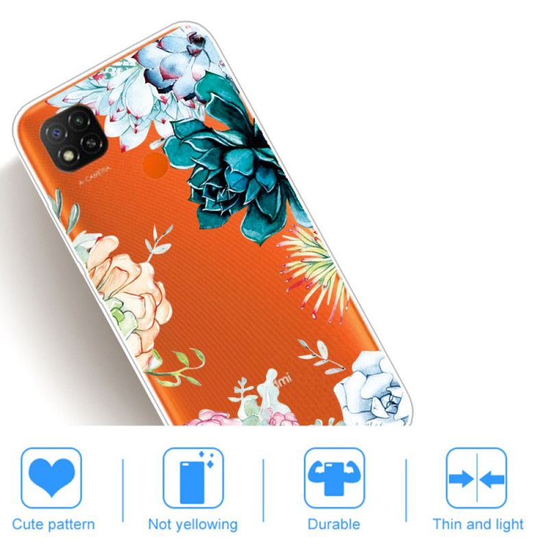 Cover for Xiaomi Redmi 9C Gennemsigtige Akvarelblomster