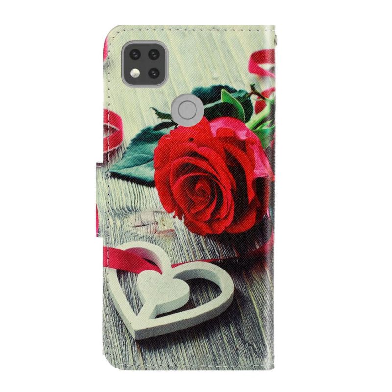 Flip Cover Læder for Xiaomi Redmi 9C Romantisk Rose Med Rem