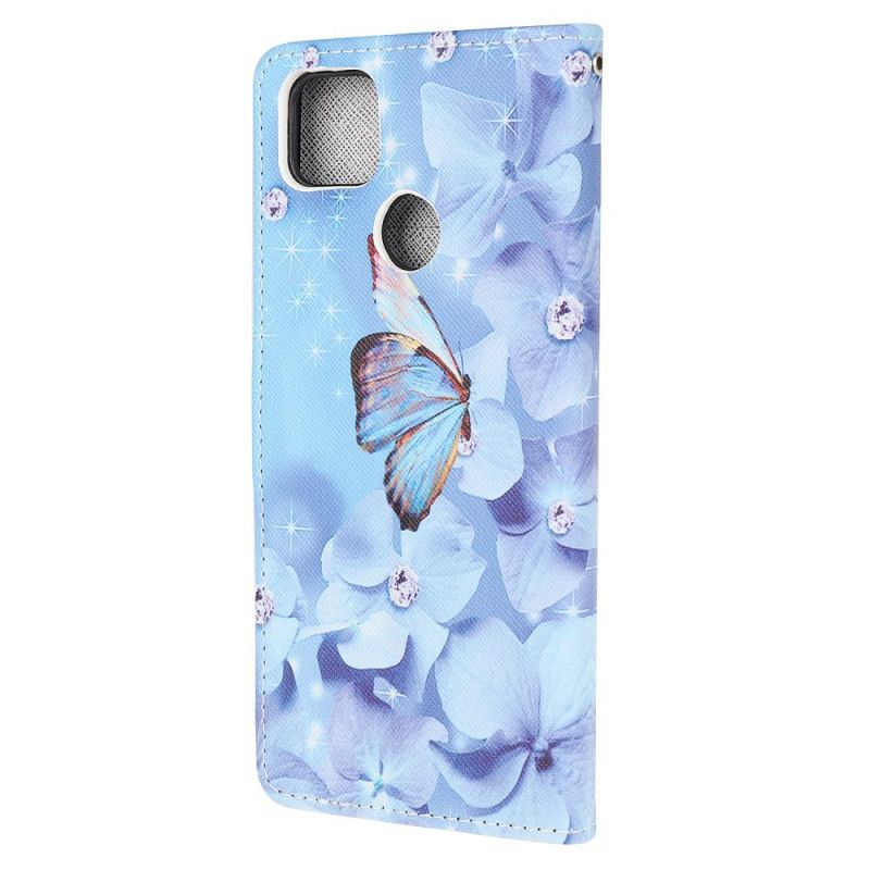 Flip Cover Læder Xiaomi Redmi 9C Diamant Sommerfugle Med Rem